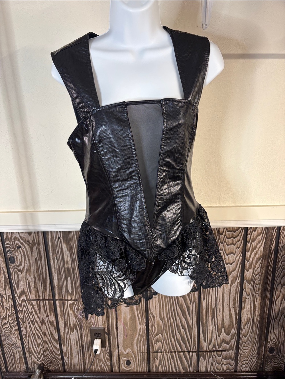 Spirit Black Faux Leather Lace-Trim Corset Bodysuit